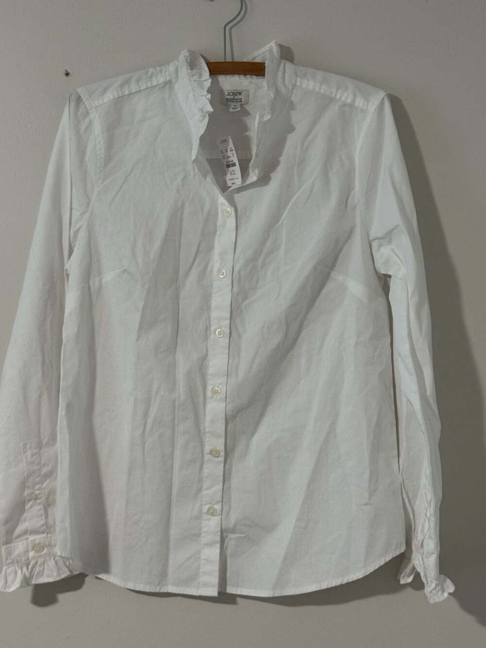 J.Crew Cotton Blend White Ruffle Collar & Cuff Button-Up Shirt, Size M